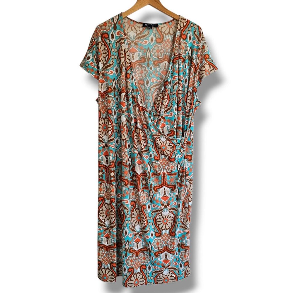 Jones New York Size 3X Faux Wrap Dress Midi Lightweight Turquoise Tan Comfy Boho